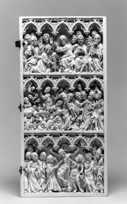 Wing, right (part of a diptych), 3 registers, 5 arches across, bands of rosettes (frise d'arcatures; décor de roses) (Front)