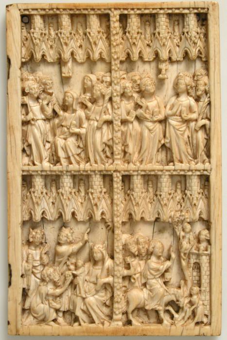 Wing, right (part of a diptych), 2 registers , 6 paired arches across, bands of rosettes (décor de roses; frise d'arcatures) (Front)