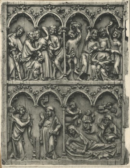 Wing, left (fragment of a diptych), 2 registers, 4 arches across (frise d'arcatures; colonnettes) (Front)