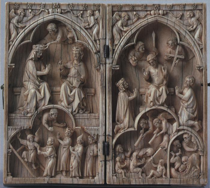 Diptych, 2 registers, 1 arch across, bands of rosettes (plaquettes; décor de roses) (Front)