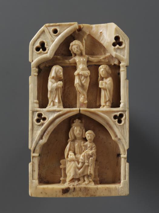 Centre panel with truncated gable (fragment of a triptych), 2 registers, 1 arch across (colonnettes) (Front)