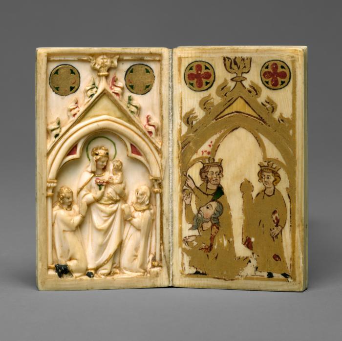 Booklet of 3 writing tablets (including 2 painted panels) with 2 double-sided carved covers (5 leaves; tablettes à écrire; colonnettes) (Leaves 1v-2r)