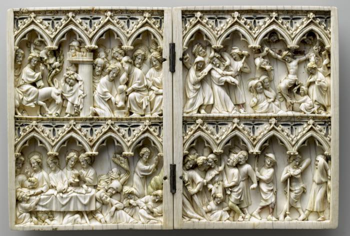 Diptych, 2 registers, 4 arches across, bands of rosettes (frise d'arcatures; décor de roses) (Front)