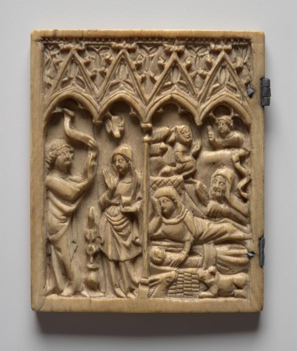 Wing, left (fragment of a diptych), 2 registers, 4 arches across (frise d'arcatures; colonnette) (Front)
