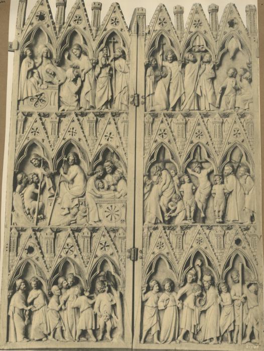 Diptych with gables, 3 registers, 3 arches across (frise d'arcatures); known as 'Soissons Diptych' (Front)