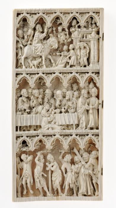 Wing, left (part of a diptych), 3 registers, 5 arches across, bands of roses (frise d'arcatures; décor de roses) (Front)