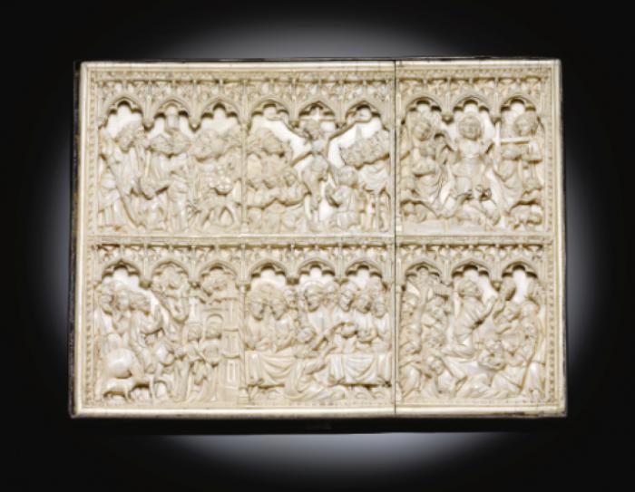 Panels (fragments of a diptych), 2 registers, 9 arches across (frise d'arcatures; colonnettes) (Front)