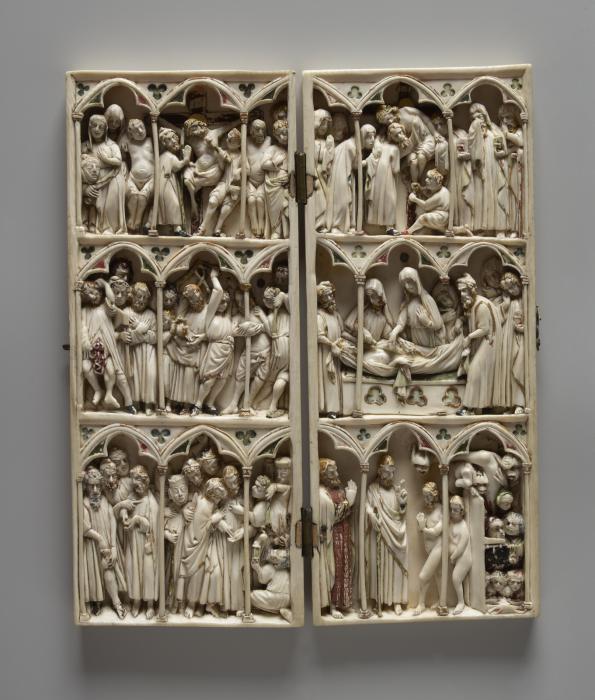 Diptych, 3 registers, 2 full and a half arches across (colonnettes; frise d'arcatures) (Front)