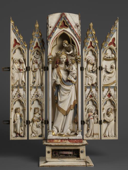 Gabled polyptych, bands of rosettes (tabernacle; colonnettes; frise d'arcatures; décor de roses) (Front)