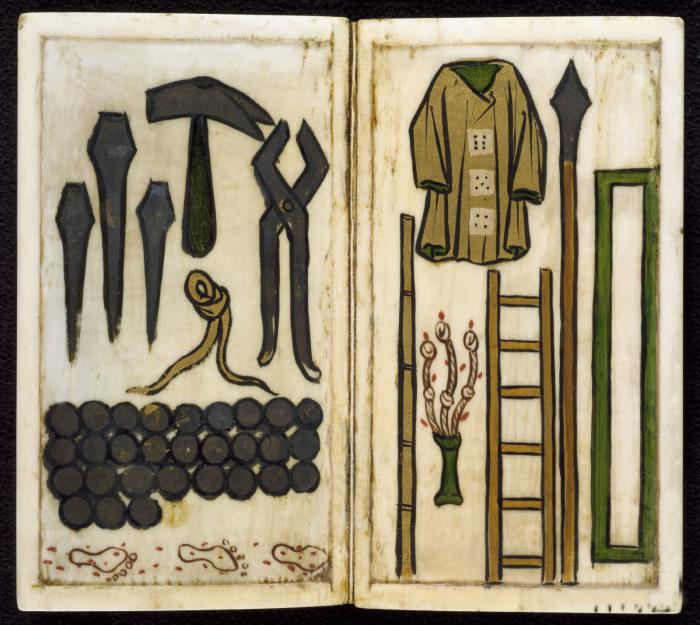Devotional booklet, with covers, 1 register, 2 arches across and 6 painted panels (frise d'arcatures; plaquette) (Folios 6v-7r)