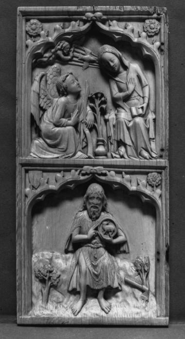 Wing, left (part of a polyptych, or triptych), 2 registers, 1 ogee arch across (plaquette) (Front)