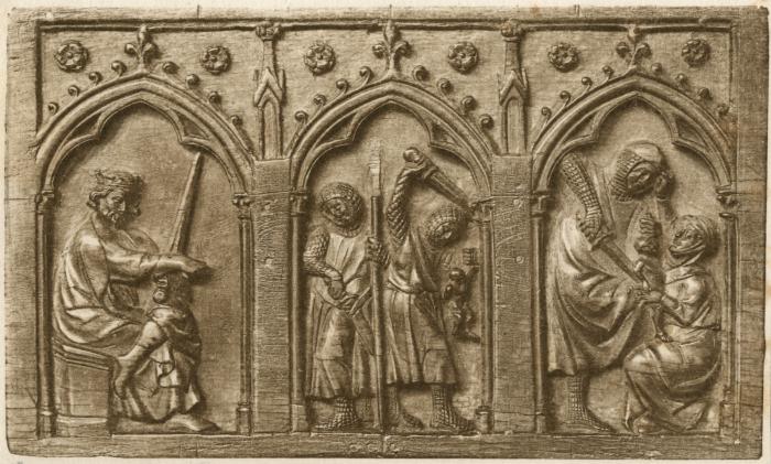 Panel (fragment of a casket), 1 register, 3 arches across (coffret; frise d'arcatures; colonnettes) (Front)