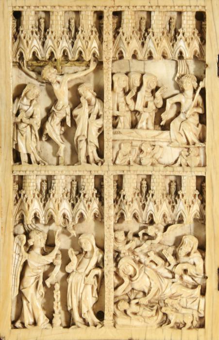 Wing, left (part of a diptych), 2 registers, 6 paired arches across, bands of rosettes (frise d'arcatures; décor de roses) (Front)