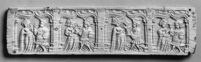 Back panel (fragment of a casket), 4 ogee arches across (coffret; colonnettes) (Front)