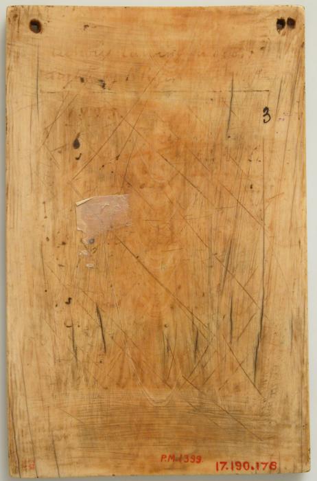 Wing, right (part of a diptych), 2 registers , 6 paired arches across, bands of rosettes (décor de roses; frise d'arcatures) (Back)