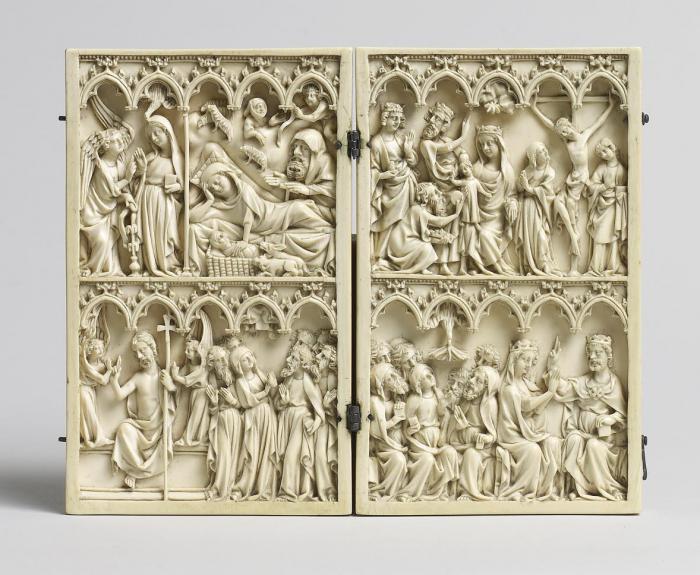 Diptych, 2 registers, 5 arches across (frise d'arcatures; colonnette) (Front, open)