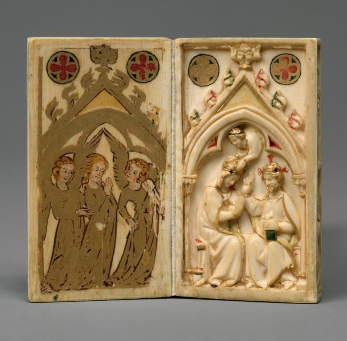 Booklet of 3 writing tablets (including 2 painted panels) with 2 double-sided carved covers (5 leaves; tablettes à écrire; colonnettes) (Leaves 4v-5r)