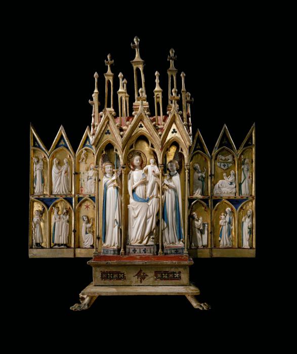 Gabled painted polyptych; reliefs in a wooden tabernacle (appliqués) (Front)