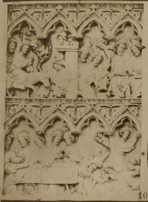 Diptych, 2 registers, 4 arches across, bands of rosettes (frise d'arcatures; décor de roses) (Wing, left)