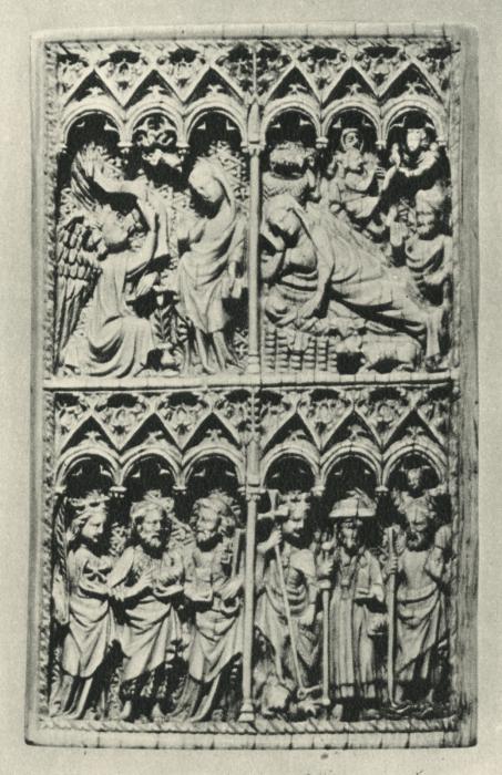 Panel (possibly fragment of a diptych), 2 registers, 6 arches across (frise d'arcatures; colonnettes) (Front)