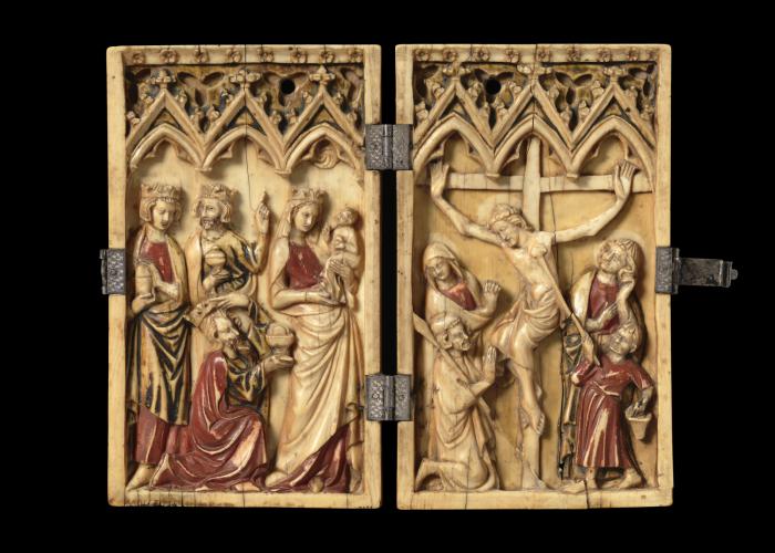 Diptych, 1 register, 3 arches across, bands of rosettes (frise d'arcatures; plaquettes; décor de roses) (Front)