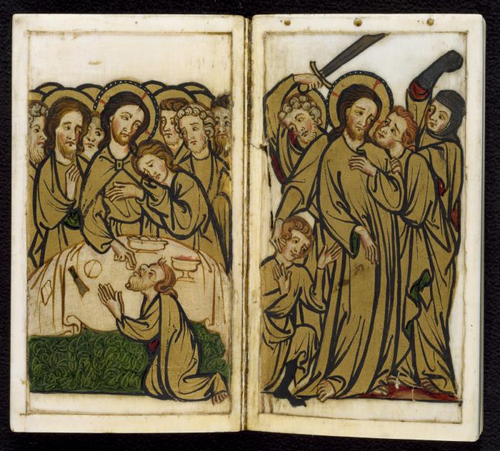 Devotional booklet, with covers, 1 register, 2 arches across and 6 painted panels (frise d'arcatures; plaquette) (Inside of the front cover and folio 1r)