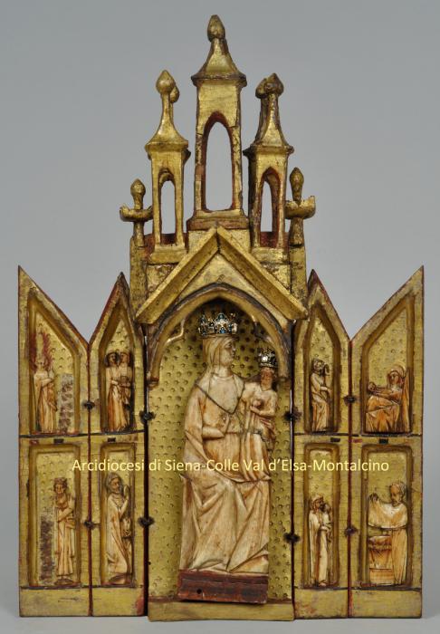 Polyptych with ivory reliefs, 1 and 2 registers (tabernacle; appliqués); also known as Madonna di Monteguaitano and Madonna delle Grazie (Front)