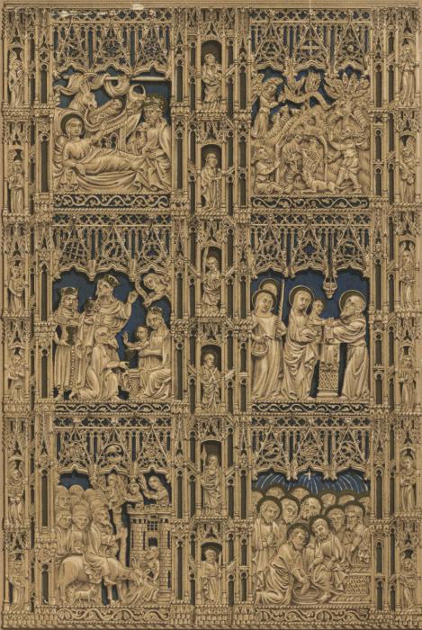 Openwork diptych, 3 registers, with arches (plaques ajourées; frise d'arcatures) (Wing, left, engraving)