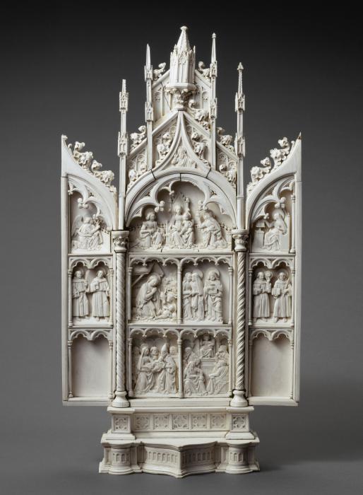 Triptych, 3 registers, with arches (tabernacle; colonnettes; frise d'arcatures) (Front)