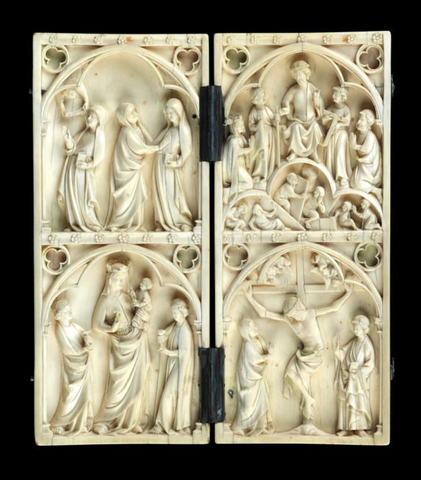 Diptych, 2 registers, 1 arch across, bands of rosettes (décor de roses; colonnettes) (Front)