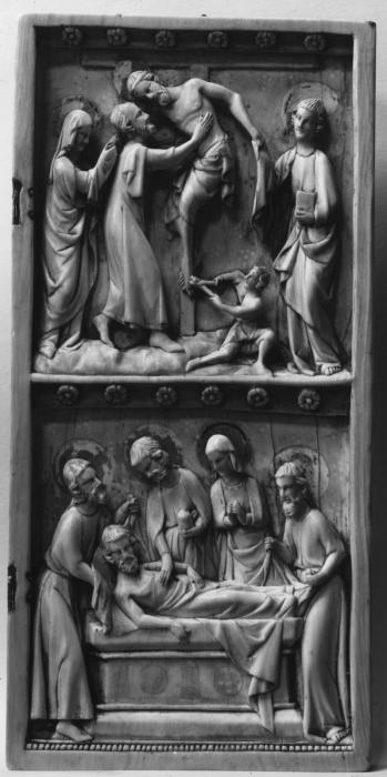 Wing, right (part of a diptych), 2 registers, bands of rosettes (décor de roses) (Front)