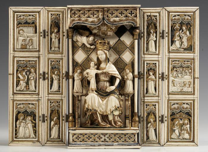 Polyptych, 3 registers (wings), openwork panels, ogee arches (tabernacle; ajouré; colonnettes) (Front)