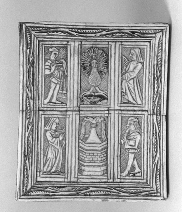 Lid (fragment of a box), 2 registers (boite) (Lid, front)