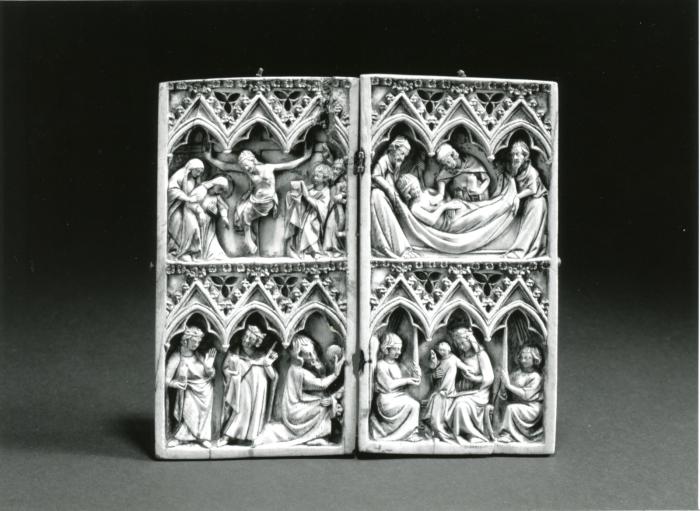 Diptych, 2 registers, 3 arches across, bands of rosettes (frise d'arcatures; décor de roses) (Front)