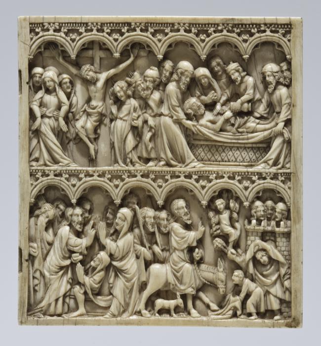 Panels (fragments of a quadriptych), 2 registers, 6 arches across (tablette à écrire; frise d'arcatures) (Leaf 3)