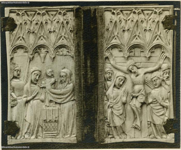 Writing tablets, 1 register, 3 arches across (plaquette; tablette à écrire); later reused to form the binding of a booklet (Front)