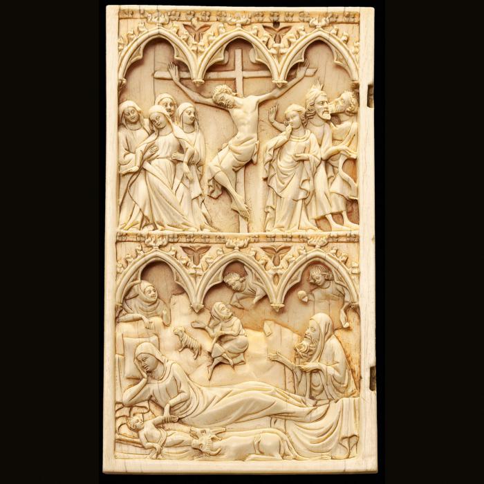 Wing, left (fragment of a diptych), 2 registers, 3 arches across, bands of rosettes (frise d'arcatures; décor de roses) (Front)