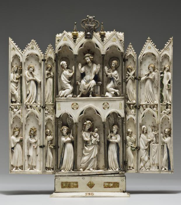 Gabled polyptych, 2 registers (tabernacle; frise d'arcatures; colonnettes) (Front, open)