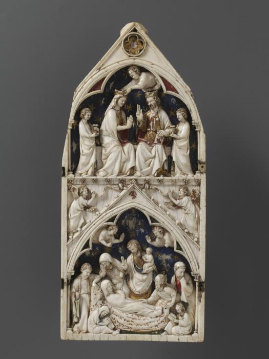 Gabled centre panel, bands of rosettes (fragment of polyptych or tabernacle; décor de roses; colonnettes) (Front)