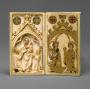 Booklet of 3 writing tablets (including 2 painted panels) with 2 double-sided carved covers (5 leaves; tablettes à écrire; colonnettes) (Leaves 1v-2r)